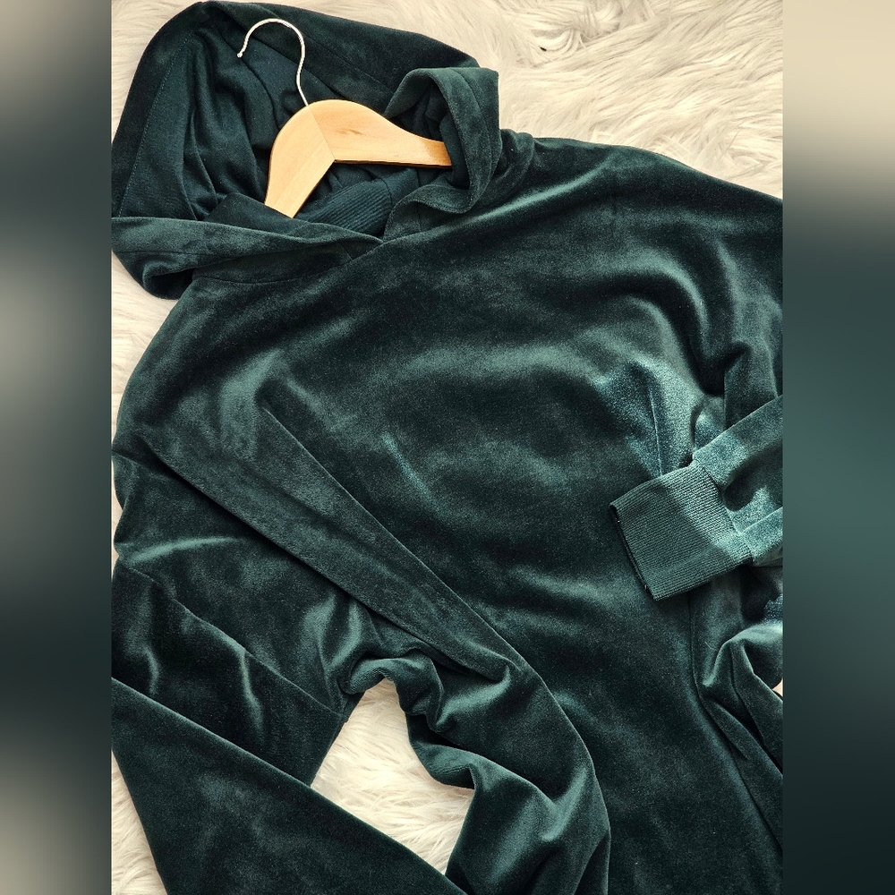 Velvet Hooded Sweatshirt in Dark Green